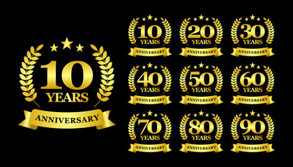Set of anniversary gold logotype. Golden anniversary celebration emblem design for booklet, leaflet, magazine, brochure poster, web, invitation or greeting card