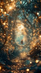 Naklejka premium Enchanted Forest, twinkling dew, mystical creatures, a magical gathering under a moonlit sky, surreal, fantasy art, ethereal glow, with a hint of mystique, lens flare, enchanting atmosphere