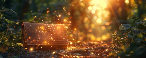 Enchanted Wallet, trinkets of hope, sparking wonder, on a mystical forest path, Photography, Golden hour, Depth of field bokeh effect