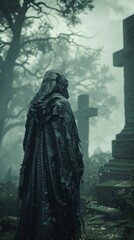 Grim reaper, tattered robe, standing in misty graveyard, thunderstorm, 3D render, Spotlight, HDR