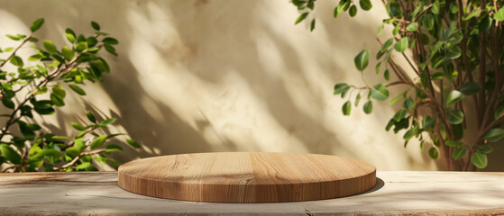 Round wooden podium or pedestal on a wooden table against a blurred background of foliage and sunlight