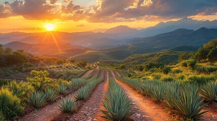 Dusk above Agave plantation for Tequila manufacturing in Mexico.