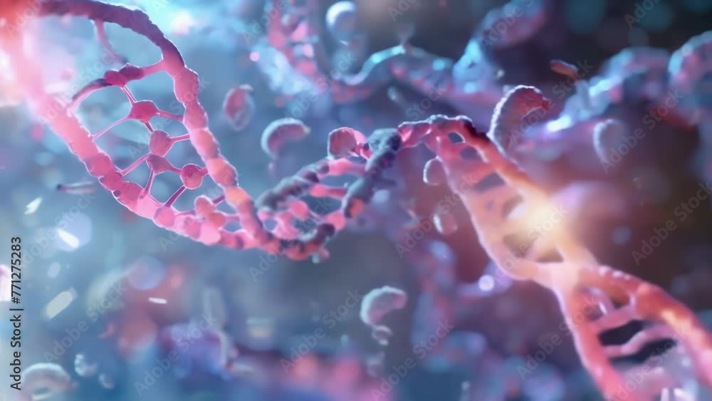 Poster an abstract view of crisscrossing strands of rna surrounded by smaller molecules and enzymes. . ai g
