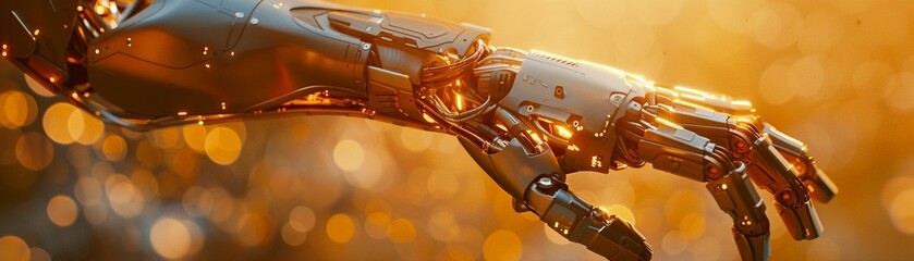 Medical innovation, robotic prosthetic arm, advanced clinic, life-changing technology, golden hour, realistic, backlight - obrazy, fototapety, plakaty