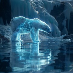 Melting glaciers, polar bear, explorers, remnants of civilization beneath ice, eerie glow, 3D render, spotlight, Chromatic Aberration