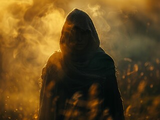 Memory Thief, Cloak, Intriguing, Captivated by memories of alternate selves, Foggy, Photography, Golden hour, Depth of field bokeh effect - obrazy, fototapety, plakaty