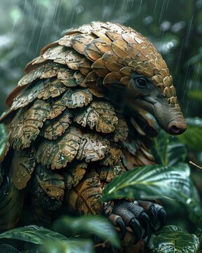 Pangolin, Armored Scales, Endangered mammal, Deep in lush rainforest, Raining, 3D render, Spotlight, Bokeh effect