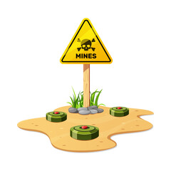 Green military land mine field with sign vector isolated on white background.