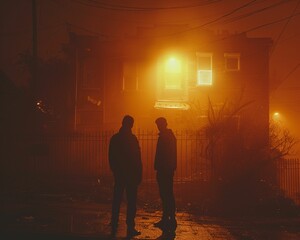 Fototapeta premium Safe House, hidden stash of money, tense exchange between rival gang members, foggy night setting, realistic, golden hour lighting, lens flare