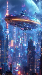 Spaceship, shiny, hovering over a futuristic city skyline, illuminated by neon lights 3D render, backlights, chromatic aberration