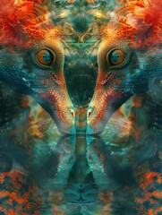 Surreal Creature, Psychedelic Patterns, Symbolic motifs, Melding dreams and reality in a fantastical landscape Photography, Backlights, Chromatic Aberration