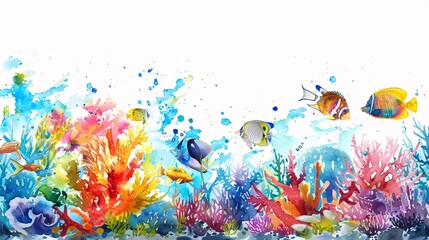 Fototapeta na wymiar a vibrant watercolor depiction of an underwater paradise, teeming with colorful marine life, against a pure white backdrop.