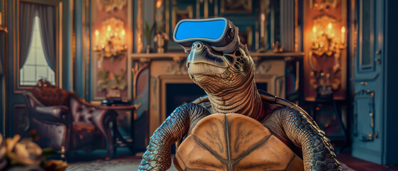An enlightened turtle participating in virtual fitness classes in a Neo Victorian setting - obrazy, fototapety, plakaty