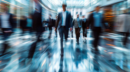 Blurred motion of many business people in the office. Rush hour at the company office. Business men are walk fast. Generative AI