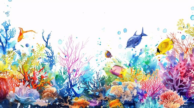 a vibrant watercolor depiction of an underwater paradise, teeming with colorful marine life, against a pure white backdrop.