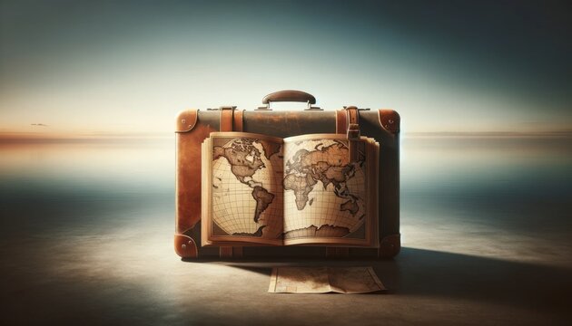Vintage suitcase, map to adventures, ocean view, simple travel allure. Vintage suitcase and map, ocean backdrop, captures travel excitement.