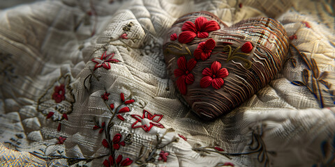 Vintage handmade plush heart on the soft blanket. Romantic love. - obrazy, fototapety, plakaty
