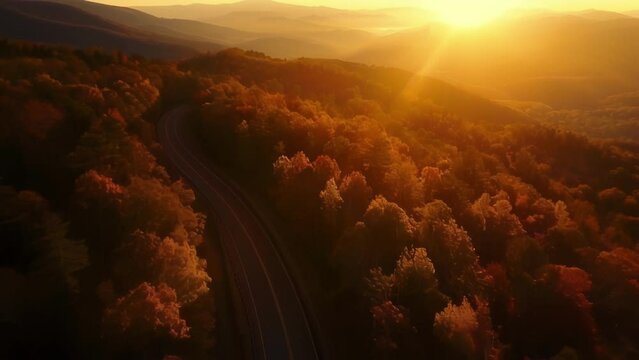 Golden sunlight filters through the trees illuminating the curving road that winds its way through the mountains. As the sun sets . AI generation.