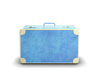A blue suitcase with beige trim on a white background, highlighting a concept of travel or storage
