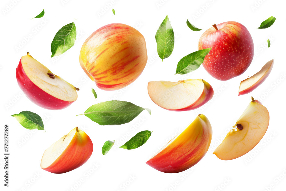 Wall mural apples with half slices falling or floating in the air with green leaves isolated on background, fre