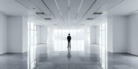 Business owner contemplates issues in empty office. Concept Small Business Challenges, Contemplation, Entrepreneurship, Empty Office Space, Decision Making