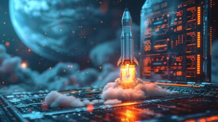  Digital Exploration: Rocket Blasts Off from Laptop, the spirit of exploration in the digital realm with an image of a rocket blasting off from the screen of a laptop, AI - obrazy, fototapety, plakaty