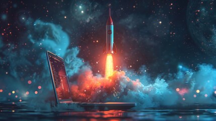 Digital Exploration: Rocket Blasts Off from Laptop, the spirit of exploration in the digital realm with an image of a rocket blasting off from the screen of a laptop, AI - obrazy, fototapety, plakaty