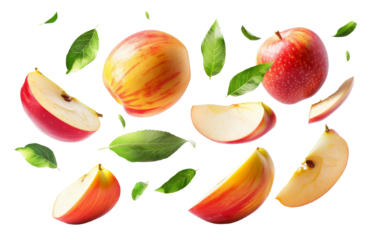 Apples with half slices falling or floating in the air with green leaves isolated on background, Fresh organic fruit with high vitamins and minerals.