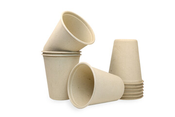 Stack of Brown paper cups on white background with clipping path.Concept plastic free, Eco friendly