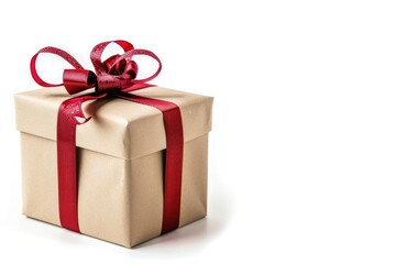 A holiday gift box adorned with a red ribbon, neatly wrapped and ready for giving on a white background