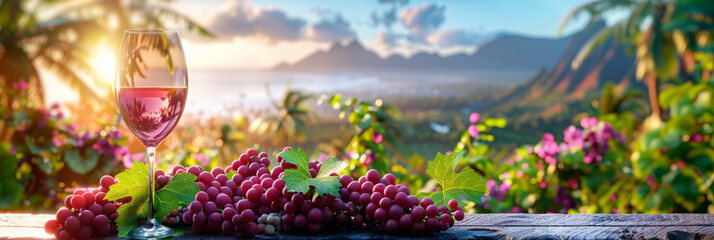 Fototapeta na wymiar Glass of wine with grapes fruits in sunlight and grape farm, vineyard mountain background web banner and template.