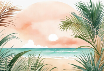 palms and pampas forming a border in watercolor painting style colorful background - obrazy, fototapety, plakaty