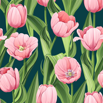 Seamless pattern with pink tulips. Background for March 8, Mother s Day. Texture with spring flowers. Great for wrapping paper, textiles, fabric, wallpaper, etc