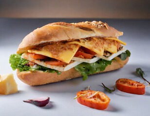 yummy baguette sandwich with various vegetables and slices of cheese placed on white background in studio