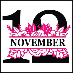 12 November Floral Split Silhouette Counting Vector Design | Print Design | Cut file | Shirt Design | Birthday Gift