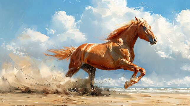 Fragment of painting, chestnut horse galloping on shore.