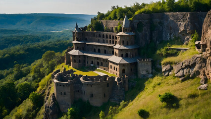 a magnificent ancient castle on the rock cliff