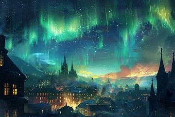 : A breathtaking scene of a city landscape, with a resplendent, colorful aurora borealis in the star-studded night sky, casting a soft, warm glow over the buildings - obrazy, fototapety, plakaty