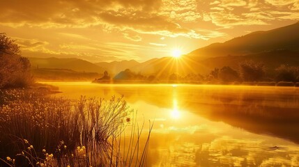 A beautiful sunset over a lake with a bright sun reflecting on the water