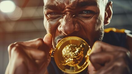 A man is holding a gold medal in his mouth