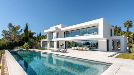 Fototapeta premium A wide shot of a modern white villa with a pool