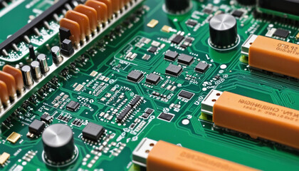 Automated Software Patching chipset industry curcuit board assemble closeup technology of mother board chipset for electric equipment device modern technology ideas concept colorful background