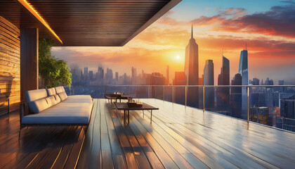 3D Modern terrace overlooking city at sunset