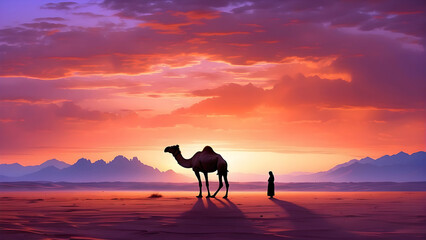 majestic camel stands in the desert against the backdrop of golden sunset