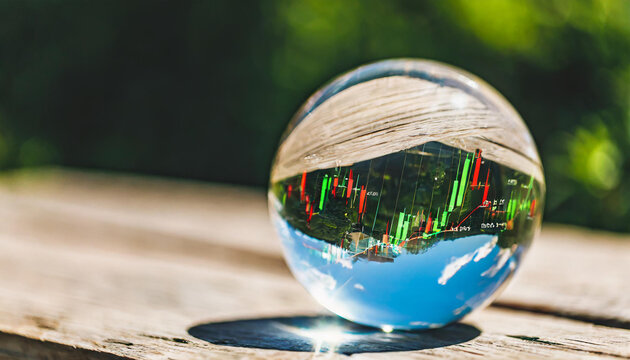 A close up of a crystal ball on a table reflecting stock market charts and financial symbols predicting the future of finance