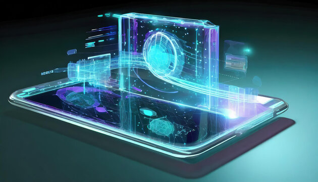 A conceptual image of a holographic communication device displaying a lifelike 3D projection