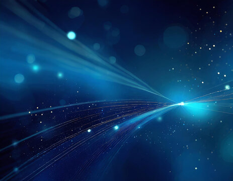 A dark blue abstract background featuring a glow particle effect. The image includes abstract blue lights and star particles, forming a captivating scene with dots on a dark background.