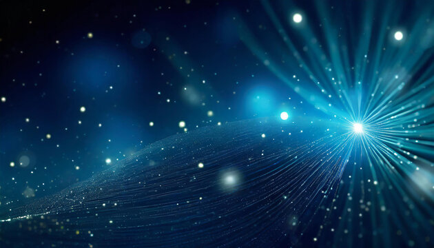 A dark blue abstract background featuring a glow particle effect. The image includes abstract blue lights and star particles, forming a captivating scene with dots on a dark