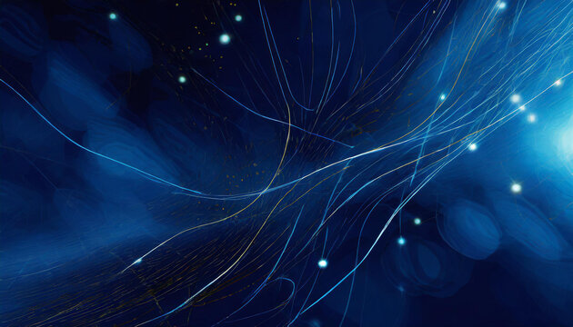 A dark blue abstract background featuring a glow particle effect. The image includes abstract blue lights and star particles, forming a captivating scene with dots on a dark