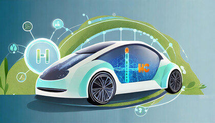 Autonomous electric car. Futuristic vehicle, H2 fuel cell. Sustainable future with autonomous electric car and hydrogen fuel cell innovation. Technology for net zero emission transport